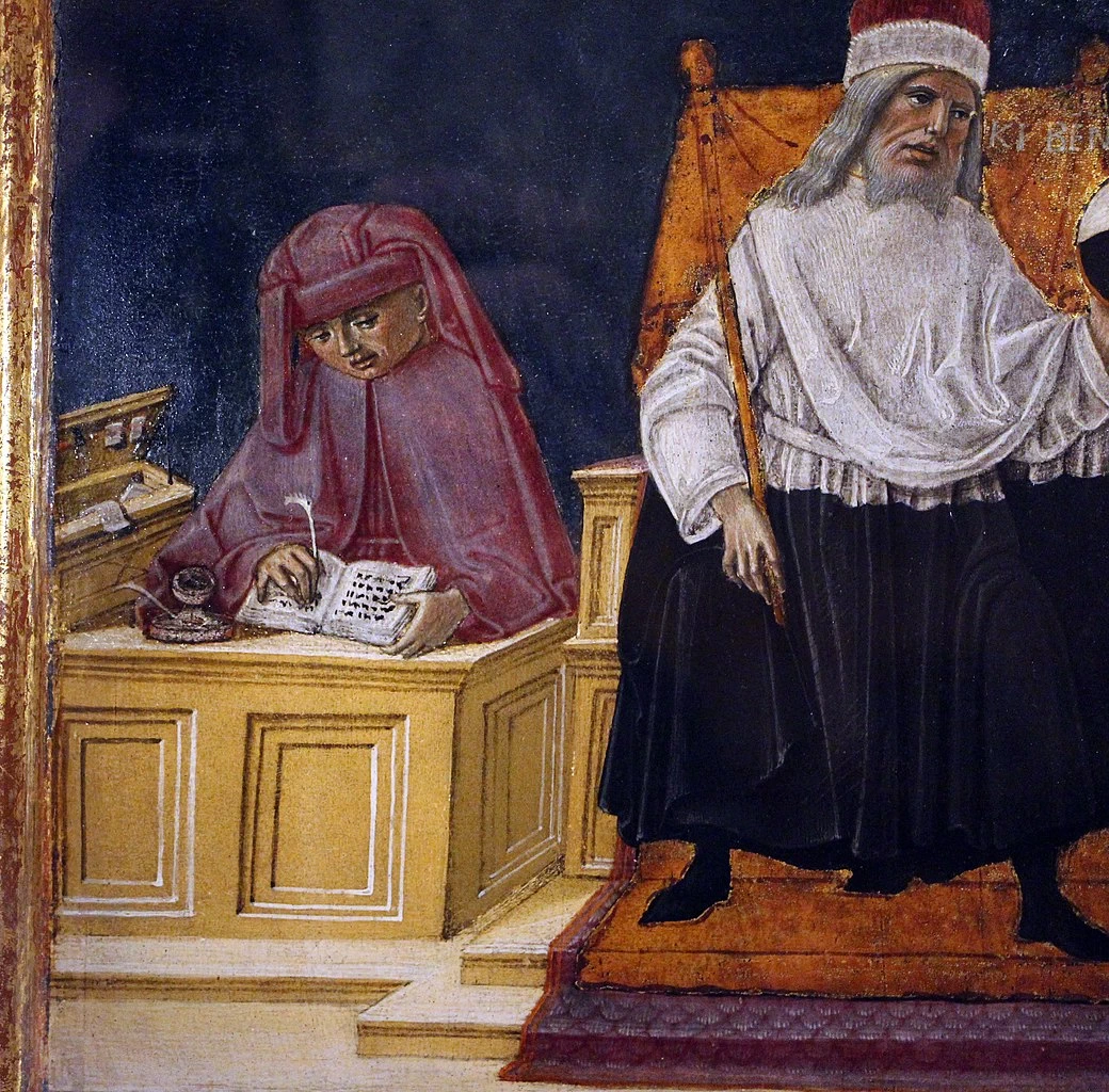 Il buon governo nell'ufficio della gabella - Siena, archivio di Stato, Museo delle tavolette di Biccherna, dettaglio 1